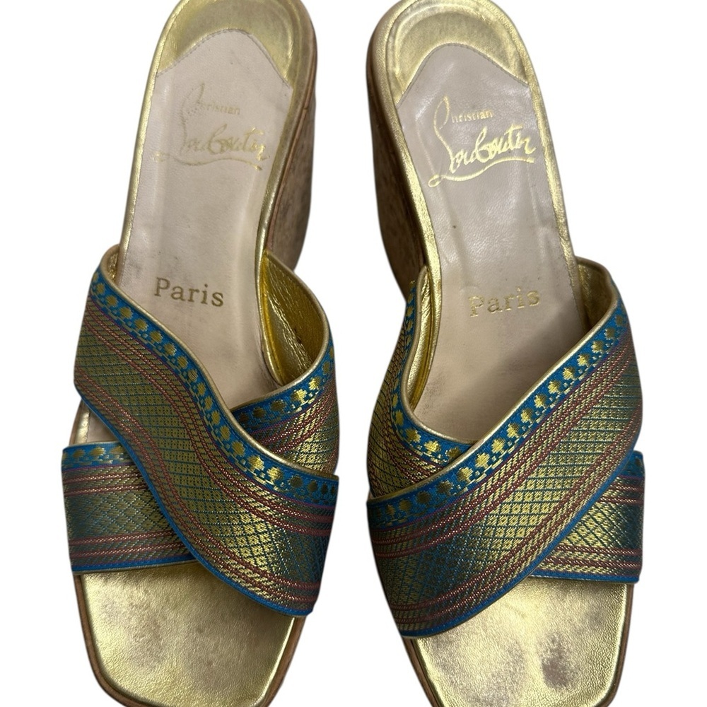 Christian Louboutin Gold and Blue Wedge Sandals, pre-owned, SZ 6.5